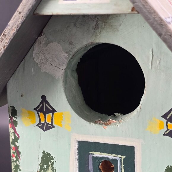 Vintage Birdhouse Green Hand-Painted Wooden Cottage Chimney Windows CM2034 - Picture 10 of 13